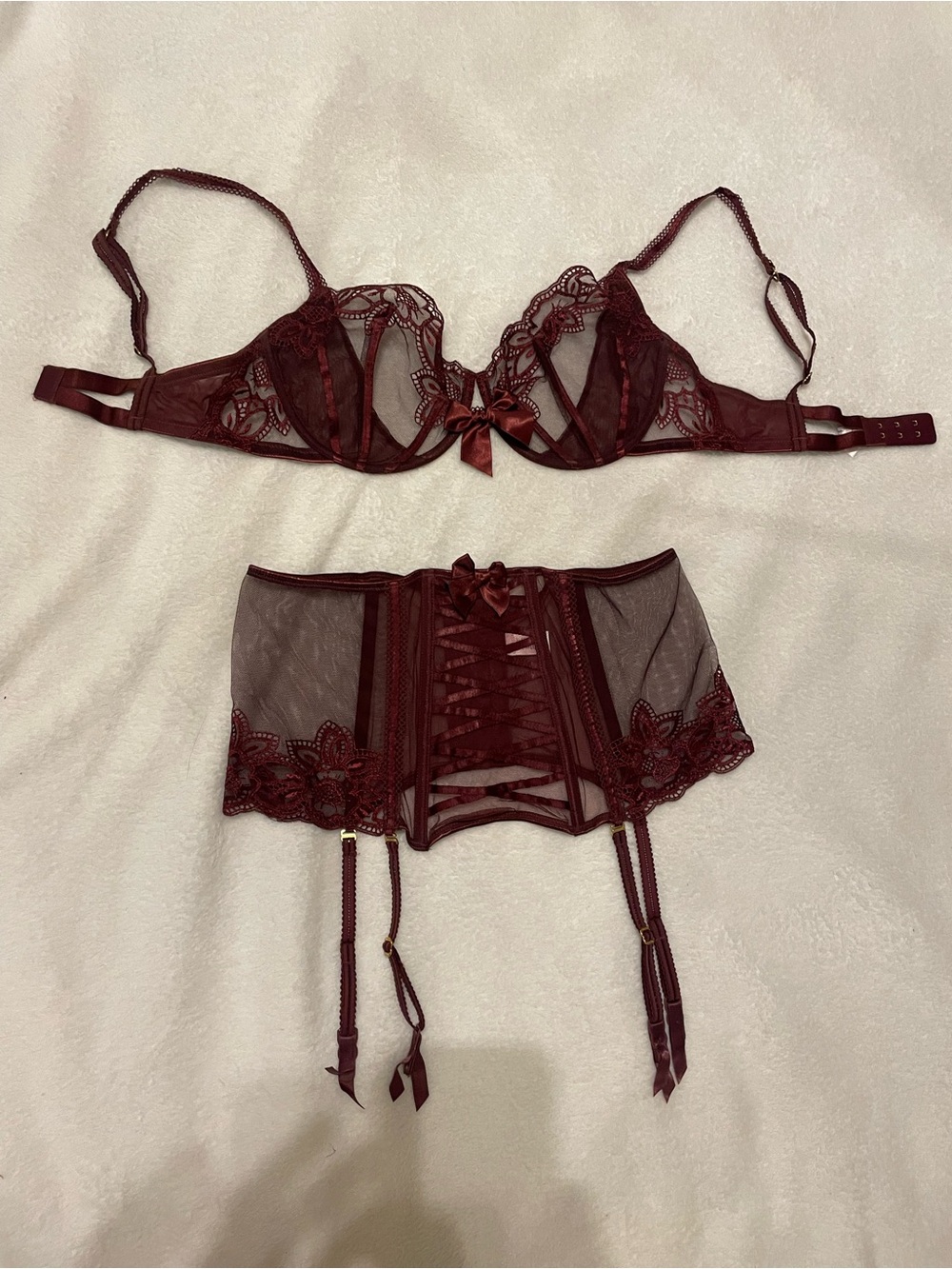 Victoria's Secret Wine Red Lace Bra and Garter Belt Set